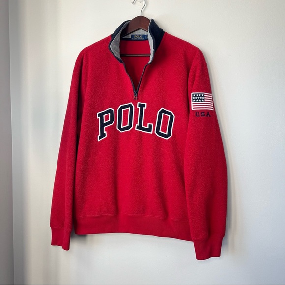 Polo Ralph Lauren Mens Large Red 1/4-Zip Fleece Pullover Sweater USA Flag Patch - Picture 6 of 15